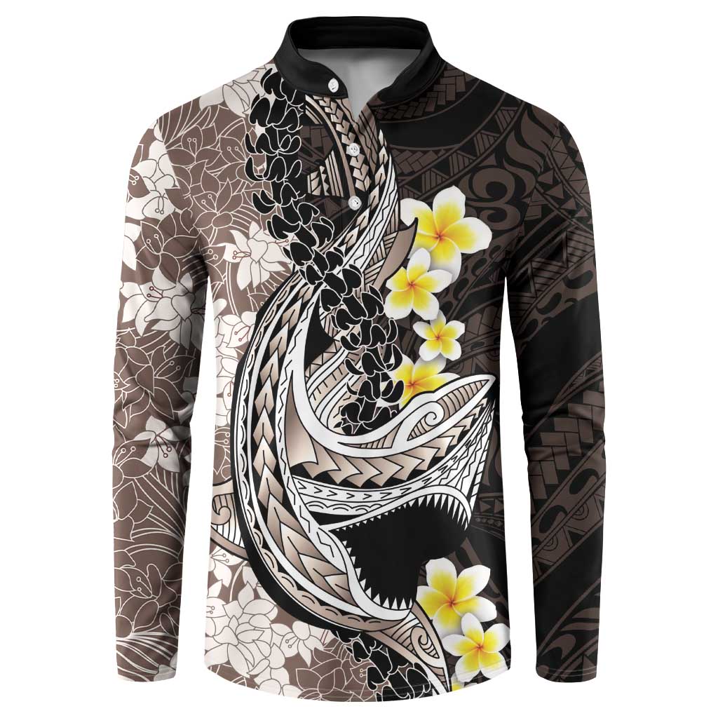 Brown and Black Hawaii Shark Tattoo Button Sweatshirt Puakenikeni Lei Plumeria Polynesian Pattern LT14 Black - Polynesian Pride