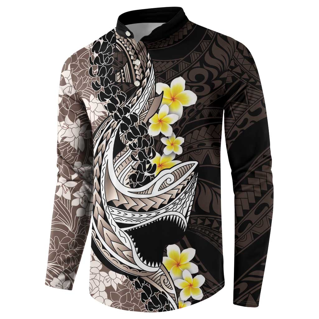 Brown and Black Hawaii Shark Tattoo Button Sweatshirt Puakenikeni Lei Plumeria Polynesian Pattern LT14 - Polynesian Pride