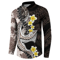 Brown and Black Hawaii Shark Tattoo Button Sweatshirt Puakenikeni Lei Plumeria Polynesian Pattern LT14 - Polynesian Pride