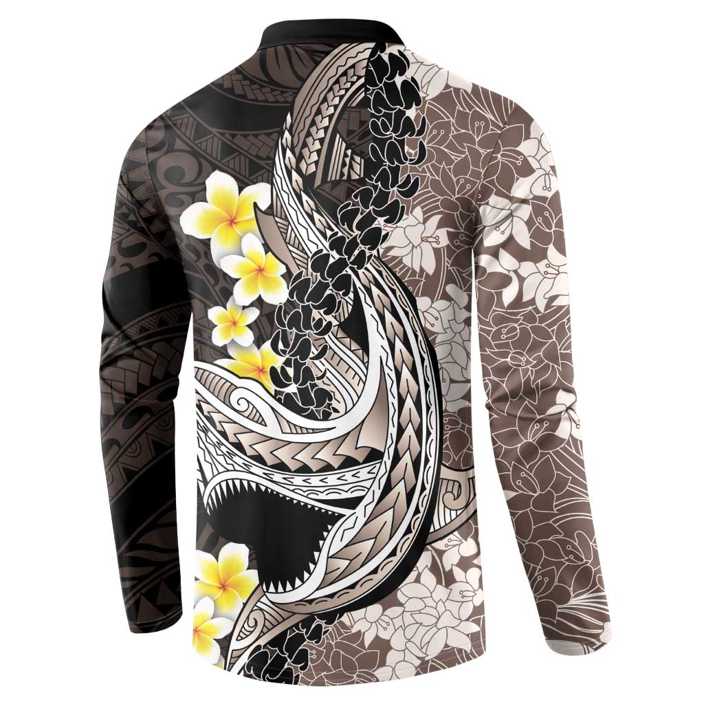 Brown and Black Hawaii Shark Tattoo Button Sweatshirt Puakenikeni Lei Plumeria Polynesian Pattern LT14 - Polynesian Pride