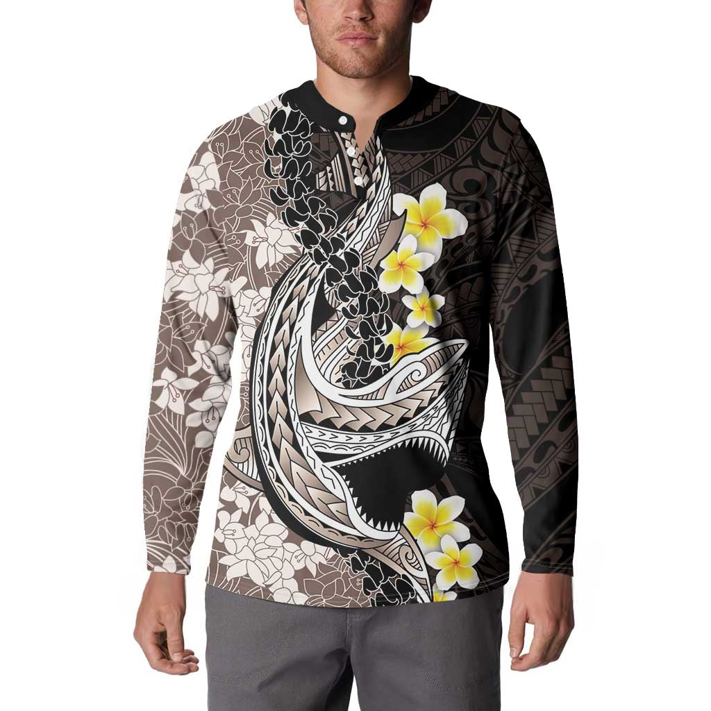 Brown and Black Hawaii Shark Tattoo Button Sweatshirt Puakenikeni Lei Plumeria Polynesian Pattern LT14 - Polynesian Pride