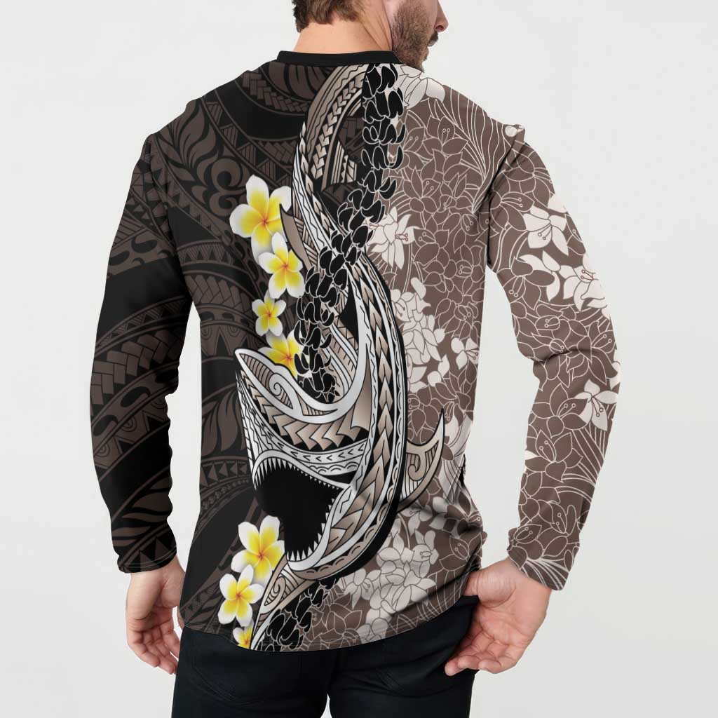 Brown and Black Hawaii Shark Tattoo Button Sweatshirt Puakenikeni Lei Plumeria Polynesian Pattern LT14 - Polynesian Pride