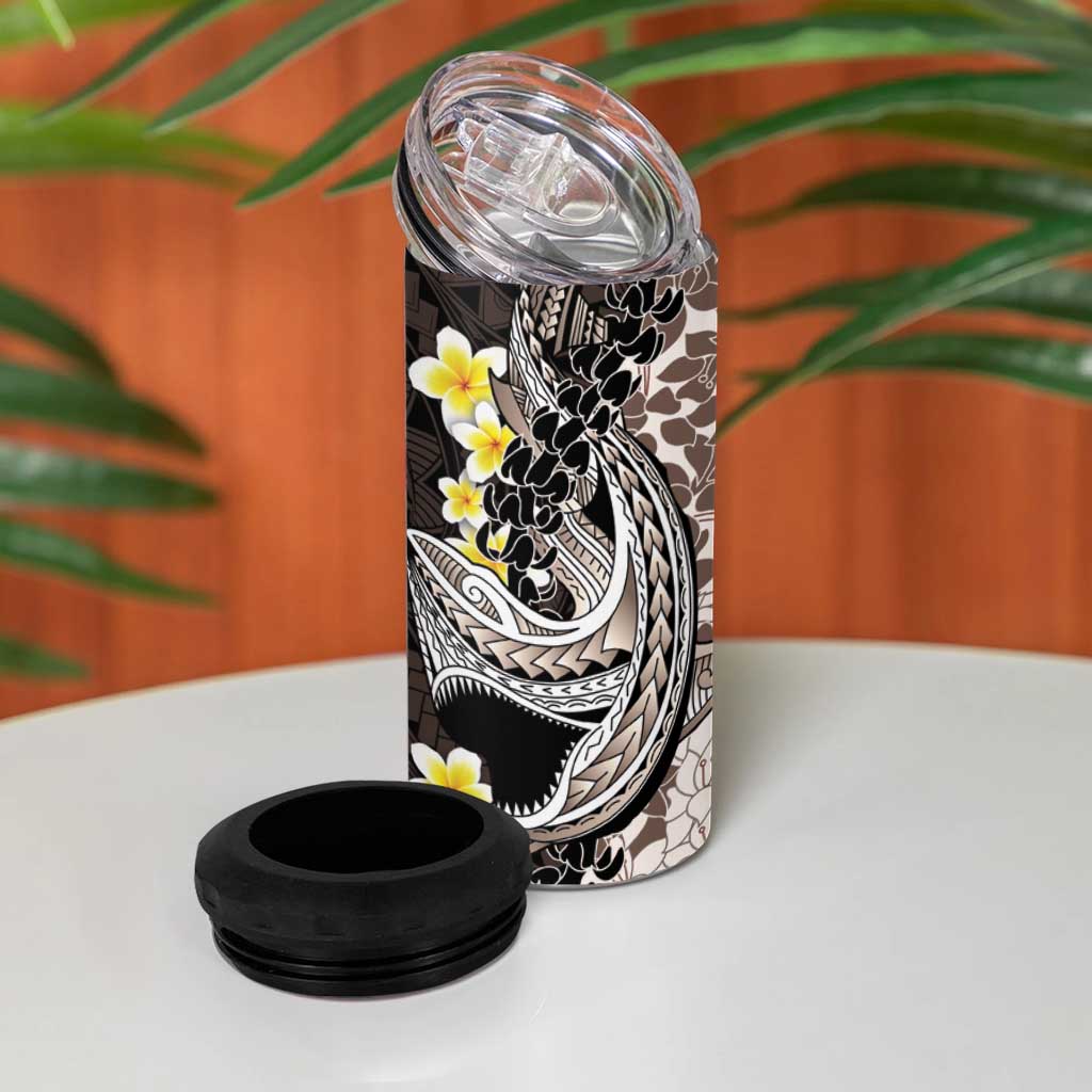 Brown and Black Hawaii Shark Tattoo 4 in 1 Can Cooler Tumbler Puakenikeni Lei Plumeria Polynesian Pattern - Polynesian Pride