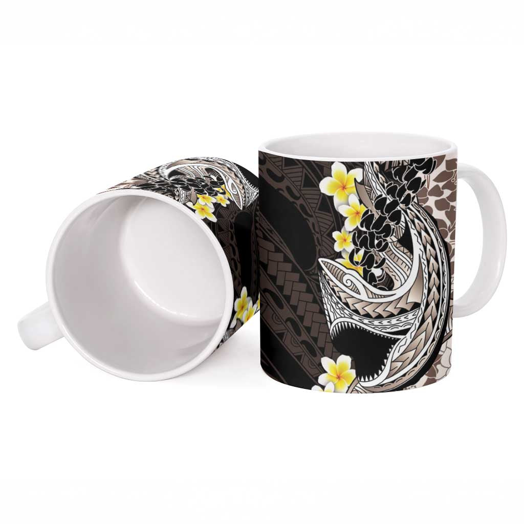 Brown and Black Hawaii Shark Tattoo Ceramic Mug Puakenikeni Lei Plumeria Polynesian Pattern - Polynesian Pride
