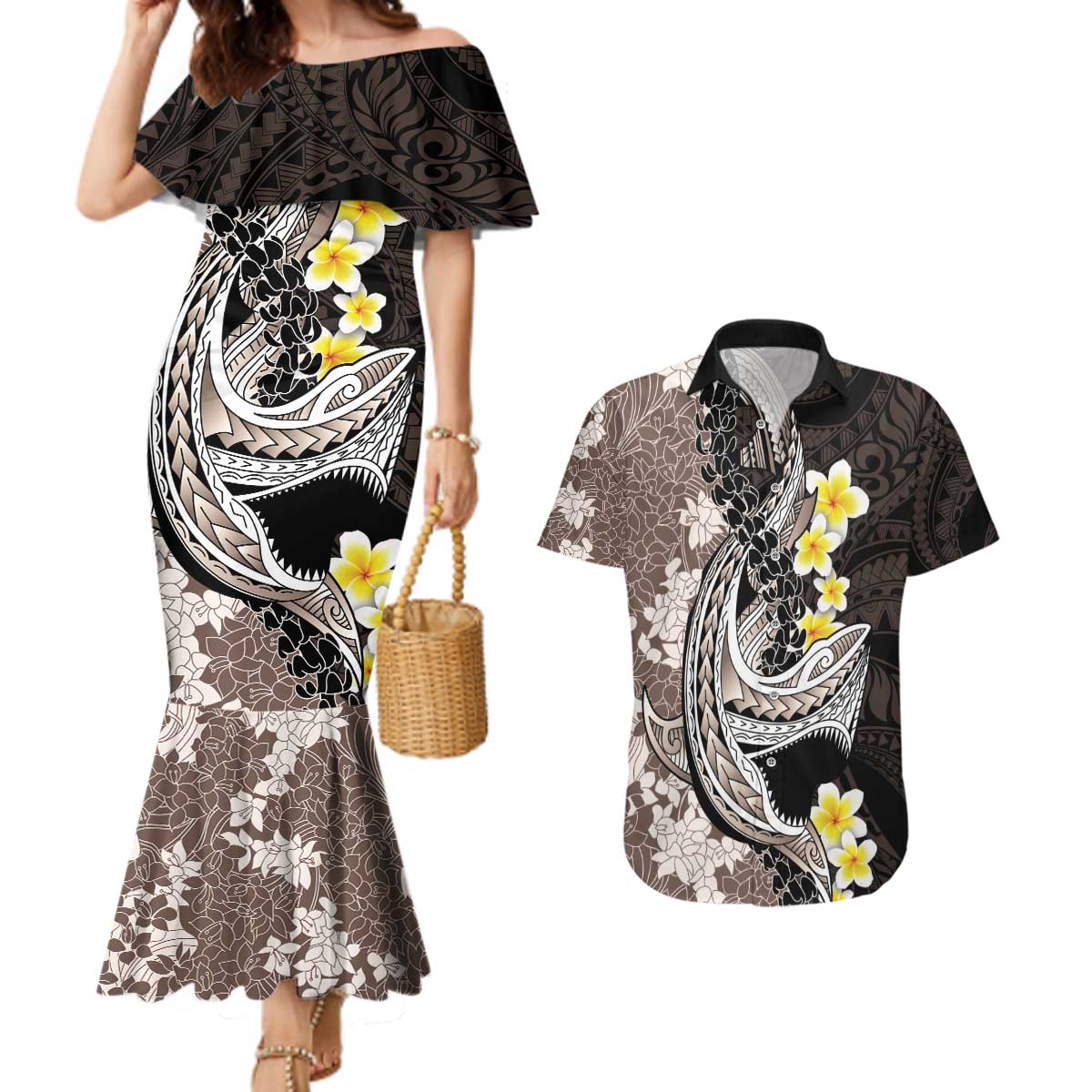 Brown and Black Hawaii Shark Tattoo Couples Matching Mermaid Dress and Hawaiian Shirt Puakenikeni Lei Plumeria Polynesian Pattern - Polynesian Pride