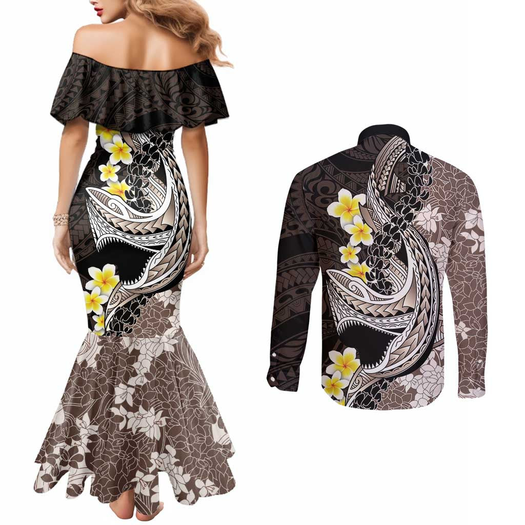 Brown and Black Hawaii Shark Tattoo Couples Matching Mermaid Dress and Long Sleeve Button Shirt Puakenikeni Lei Plumeria Polynesian Pattern - Polynesian Pride