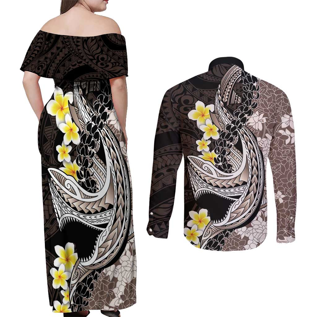 Brown and Black Hawaii Shark Tattoo Couples Matching Off Shoulder Maxi Dress and Long Sleeve Button Shirt Puakenikeni Lei Plumeria Polynesian Pattern - Polynesian Pride