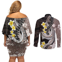 Brown and Black Hawaii Shark Tattoo Couples Matching Off Shoulder Short Dress and Long Sleeve Button Shirt Puakenikeni Lei Plumeria Polynesian Pattern - Polynesian Pride