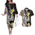 Brown and Black Hawaii Shark Tattoo Couples Matching Off The Shoulder Long Sleeve Dress and Hawaiian Shirt Puakenikeni Lei Plumeria Polynesian Pattern - Polynesian Pride