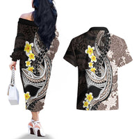Brown and Black Hawaii Shark Tattoo Couples Matching Off The Shoulder Long Sleeve Dress and Hawaiian Shirt Puakenikeni Lei Plumeria Polynesian Pattern - Polynesian Pride