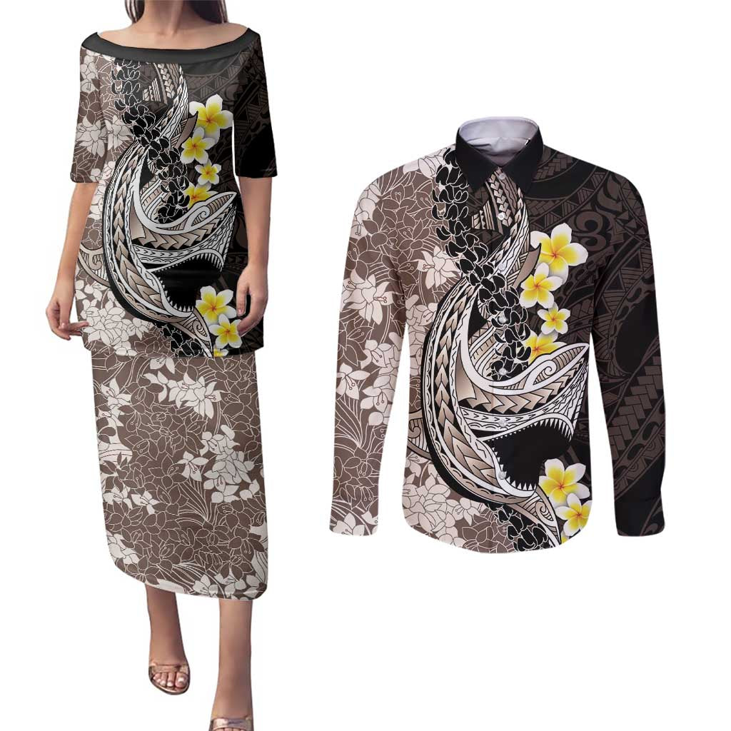 Brown and Black Hawaii Shark Tattoo Couples Matching Puletasi and Long Sleeve Button Shirt Puakenikeni Lei Plumeria Polynesian Pattern - Polynesian Pride