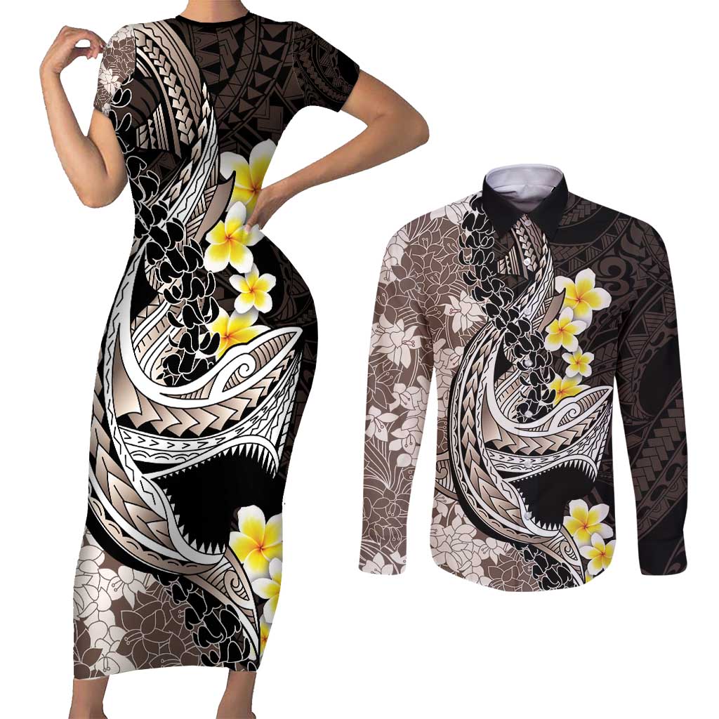 Brown and Black Hawaii Shark Tattoo Couples Matching Short Sleeve Bodycon Dress and Long Sleeve Button Shirt Puakenikeni Lei Plumeria Polynesian Pattern - Polynesian Pride