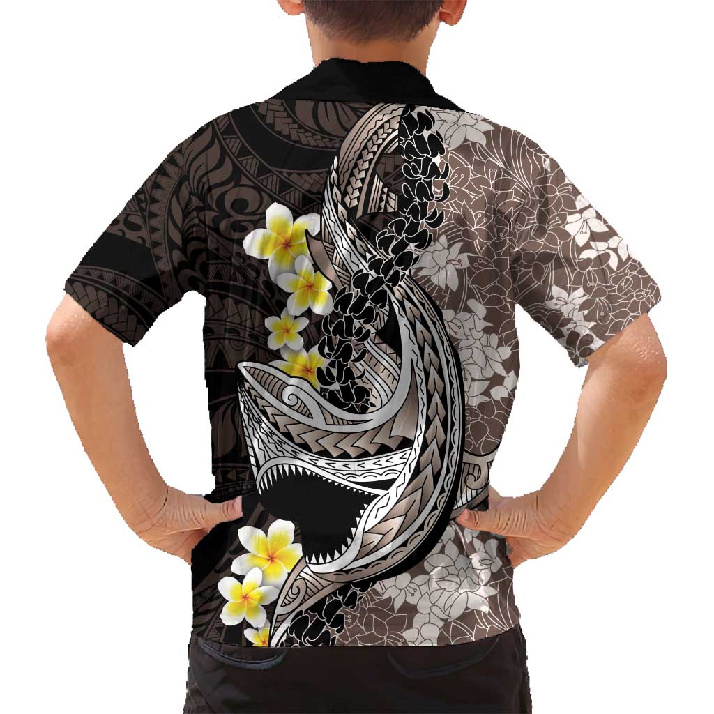 Brown and Black Hawaii Shark Tattoo Family Matching Long Sleeve Bodycon Dress and Hawaiian Shirt Puakenikeni Lei Plumeria Polynesian Pattern - Polynesian Pride
