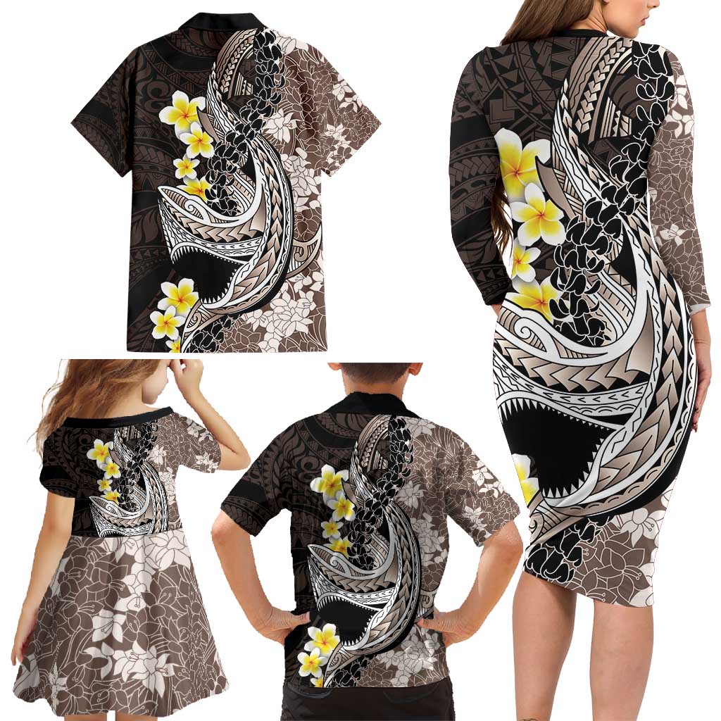 Brown and Black Hawaii Shark Tattoo Family Matching Long Sleeve Bodycon Dress and Hawaiian Shirt Puakenikeni Lei Plumeria Polynesian Pattern - Polynesian Pride