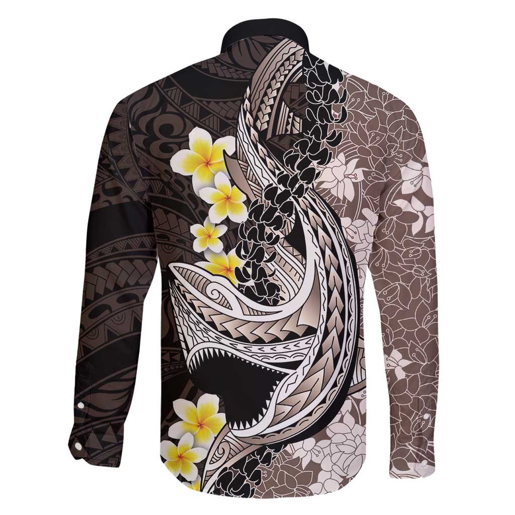 Brown and Black Hawaii Shark Tattoo Family Matching Long Sleeve Bodycon Dress and Hawaiian Shirt Puakenikeni Lei Plumeria Polynesian Pattern - Polynesian Pride