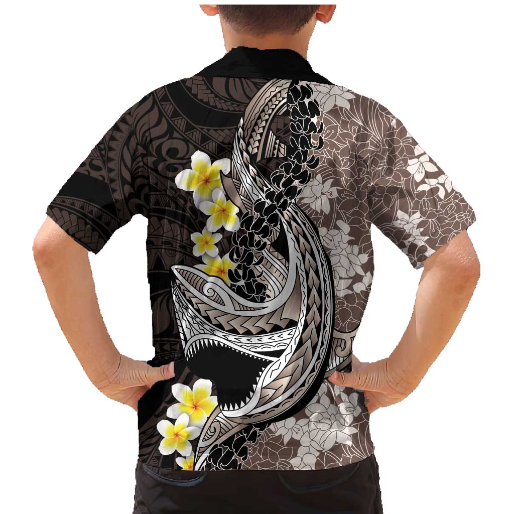 Brown and Black Hawaii Shark Tattoo Family Matching Mermaid Dress and Hawaiian Shirt Puakenikeni Lei Plumeria Polynesian Pattern - Polynesian Pride