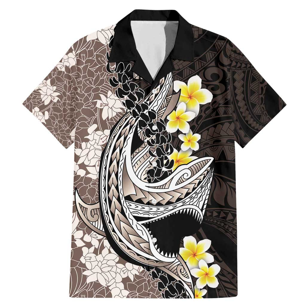 Brown and Black Hawaii Shark Tattoo Family Matching Mermaid Dress and Hawaiian Shirt Puakenikeni Lei Plumeria Polynesian Pattern - Polynesian Pride