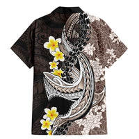 Brown and Black Hawaii Shark Tattoo Family Matching Mermaid Dress and Hawaiian Shirt Puakenikeni Lei Plumeria Polynesian Pattern - Polynesian Pride