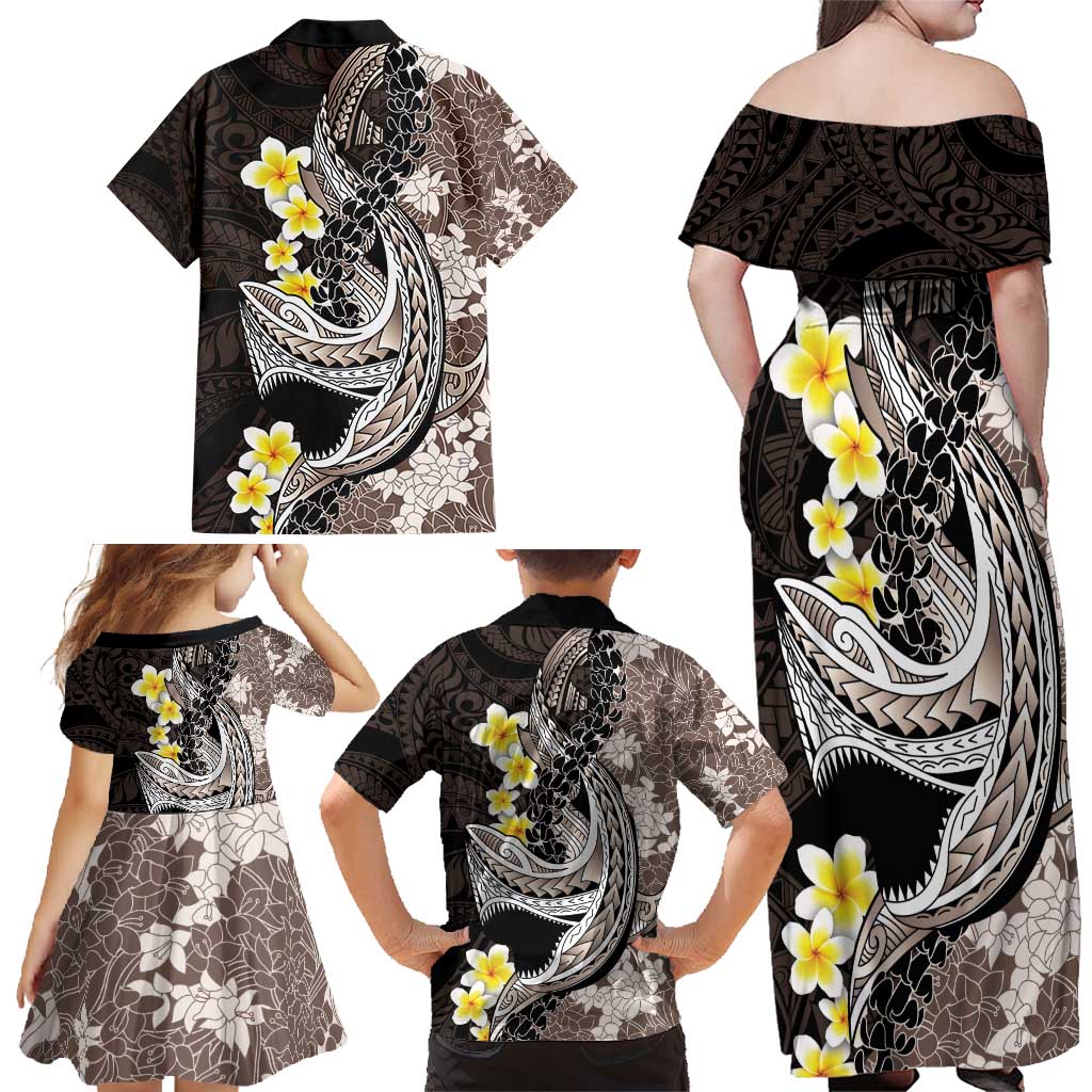 Brown and Black Hawaii Shark Tattoo Family Matching Off Shoulder Maxi Dress and Hawaiian Shirt Puakenikeni Lei Plumeria Polynesian Pattern - Polynesian Pride