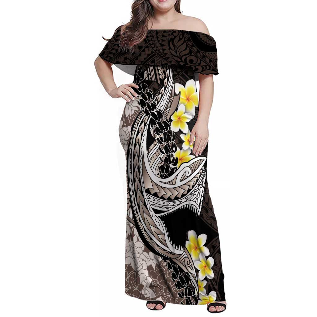Brown and Black Hawaii Shark Tattoo Family Matching Off Shoulder Maxi Dress and Hawaiian Shirt Puakenikeni Lei Plumeria Polynesian Pattern - Polynesian Pride