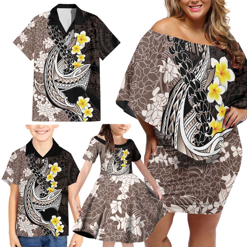 Brown and Black Hawaii Shark Tattoo Family Matching Off Shoulder Short Dress and Hawaiian Shirt Puakenikeni Lei Plumeria Polynesian Pattern - Polynesian Pride
