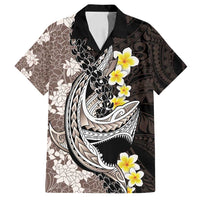 Brown and Black Hawaii Shark Tattoo Family Matching Off Shoulder Short Dress and Hawaiian Shirt Puakenikeni Lei Plumeria Polynesian Pattern - Polynesian Pride