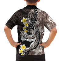 Brown and Black Hawaii Shark Tattoo Family Matching Puletasi and Hawaiian Shirt Puakenikeni Lei Plumeria Polynesian Pattern - Polynesian Pride