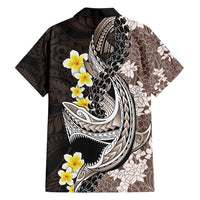 Brown and Black Hawaii Shark Tattoo Family Matching Puletasi and Hawaiian Shirt Puakenikeni Lei Plumeria Polynesian Pattern - Polynesian Pride
