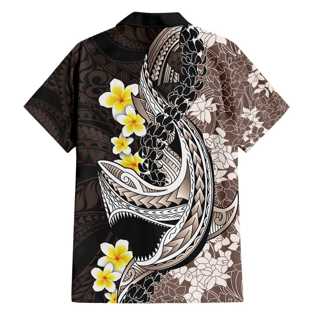 Brown and Black Hawaii Shark Tattoo Family Matching Short Sleeve Bodycon Dress and Hawaiian Shirt Puakenikeni Lei Plumeria Polynesian Pattern - Polynesian Pride