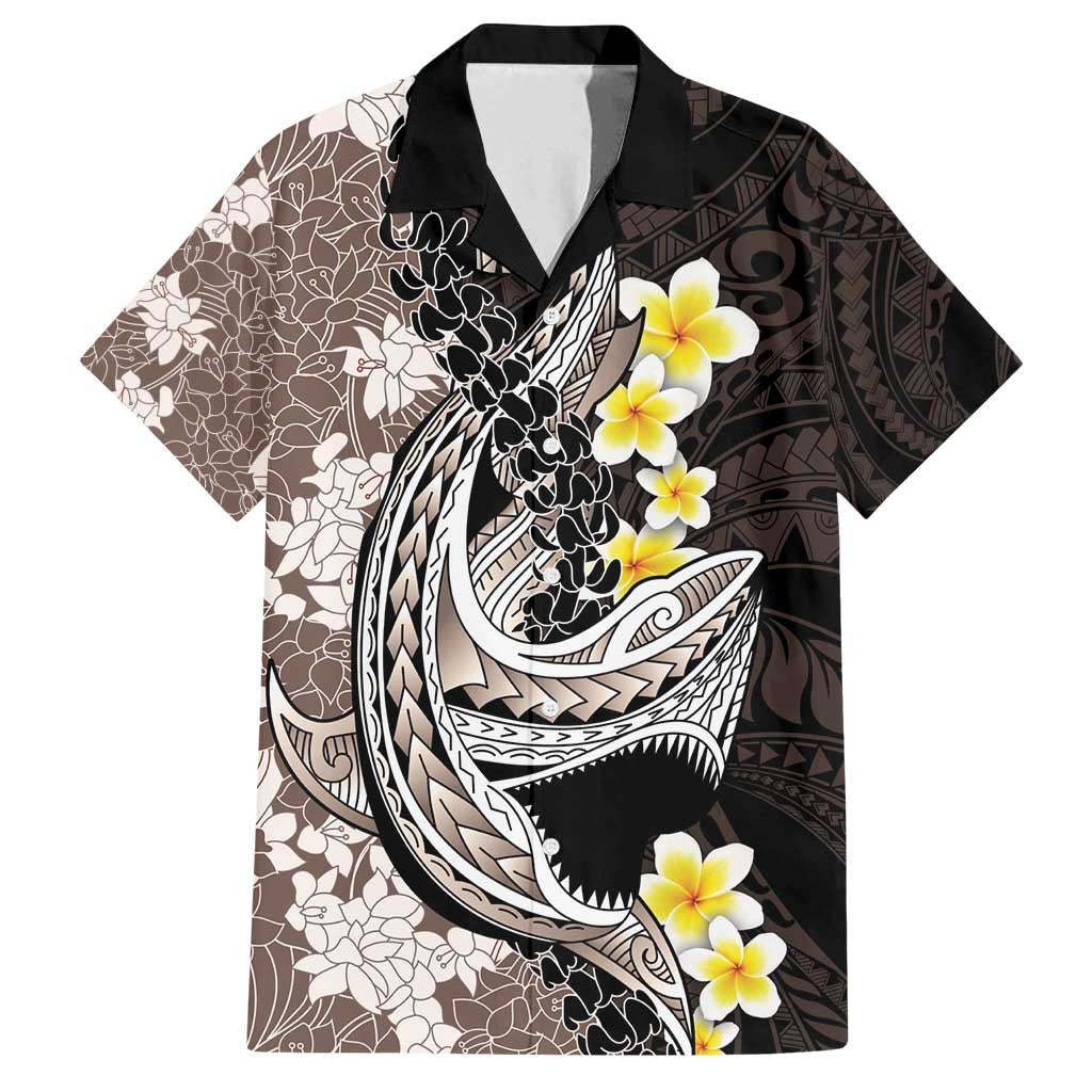 Brown and Black Hawaii Shark Tattoo Family Matching Summer Maxi Dress and Hawaiian Shirt Puakenikeni Lei Plumeria Polynesian Pattern - Polynesian Pride