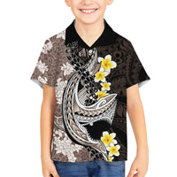 Brown and Black Hawaii Shark Tattoo Family Matching Tank Maxi Dress and Hawaiian Shirt Puakenikeni Lei Plumeria Polynesian Pattern - Polynesian Pride