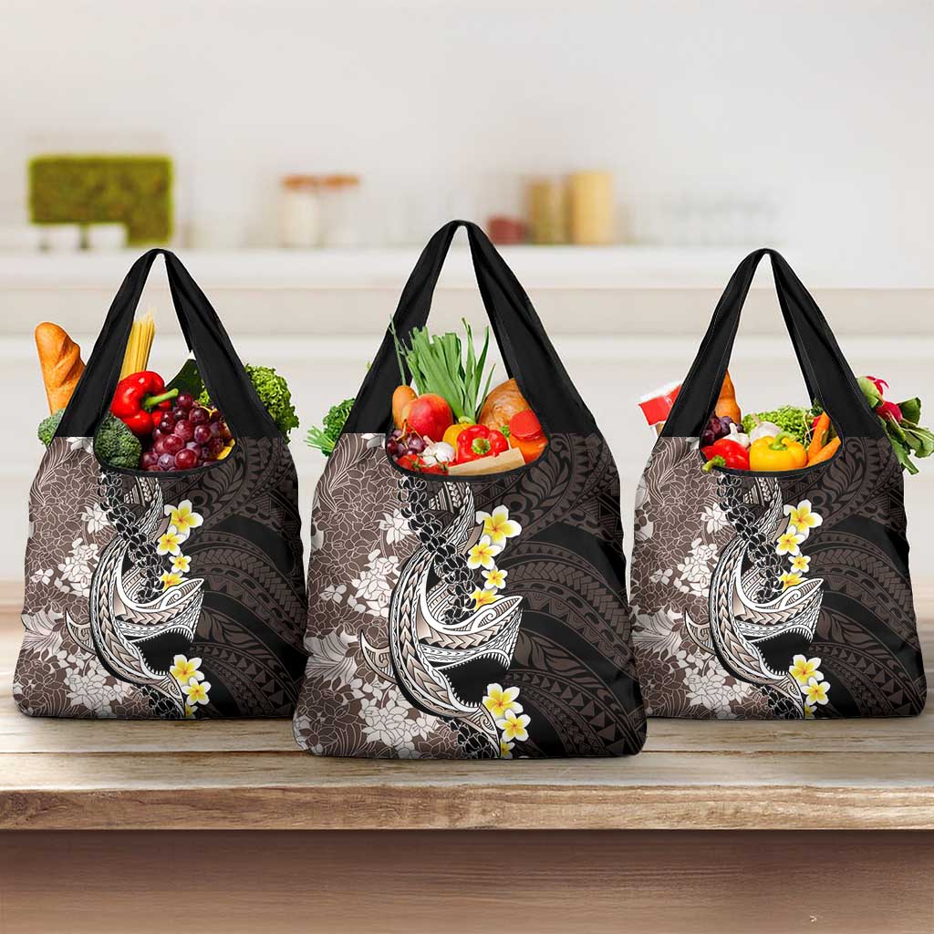 Brown and Black Hawaii Shark Tattoo Grocery Bag Puakenikeni Lei Plumeria Polynesian Pattern - Polynesian Pride