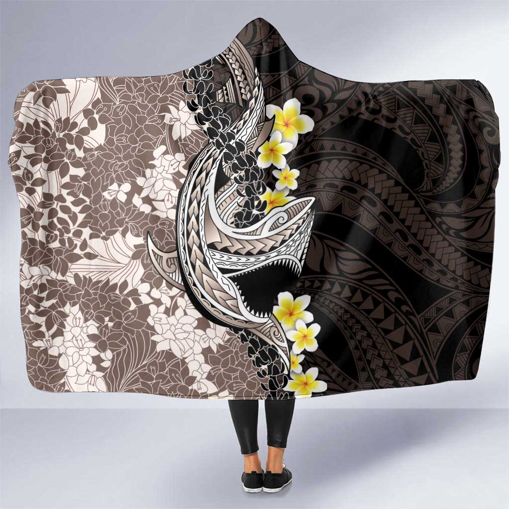Brown and Black Hawaii Shark Tattoo Hooded Blanket Puakenikeni Lei Plumeria Polynesian Pattern - Polynesian Pride