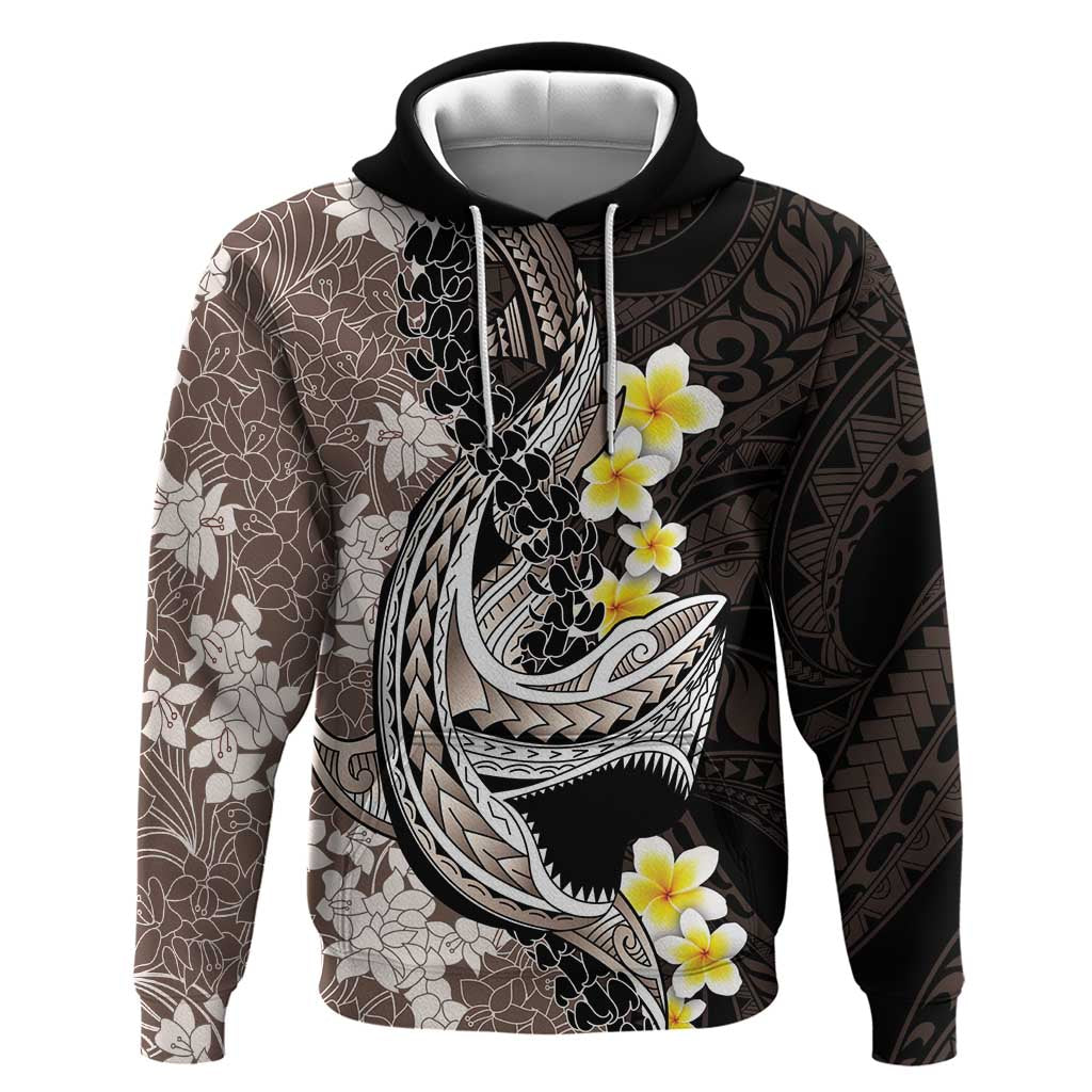 Brown and Black Hawaii Shark Tattoo Hoodie Puakenikeni Lei Plumeria Polynesian Pattern - Polynesian Pride