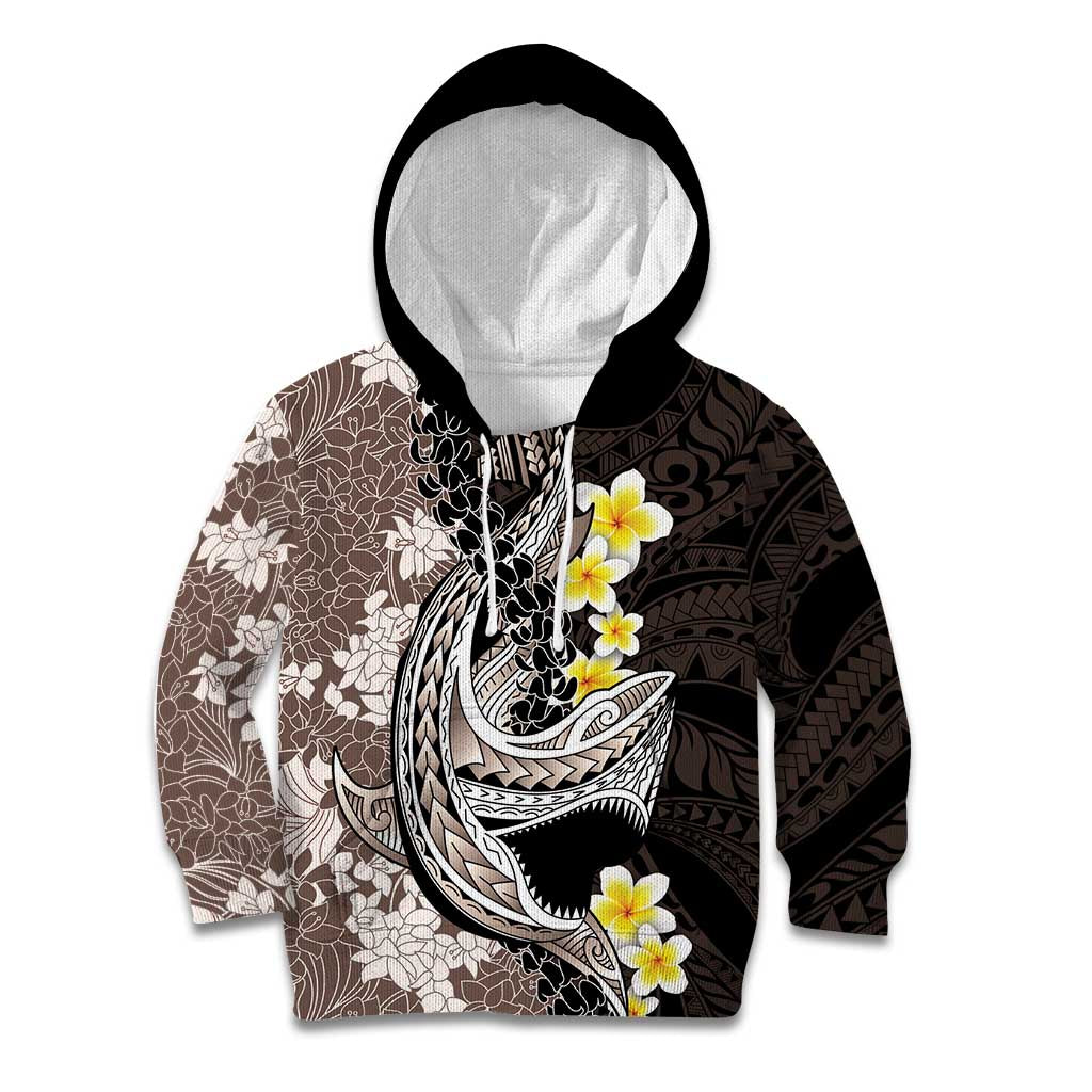Brown and Black Hawaii Shark Tattoo Kid Hoodie Puakenikeni Lei Plumeria Polynesian Pattern - Polynesian Pride