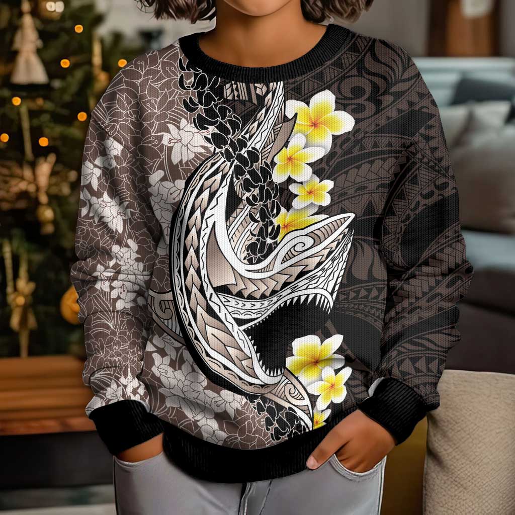Brown and Black Hawaii Shark Tattoo Kid Ugly Christmas Sweater Puakenikeni Lei Plumeria Polynesian Pattern - Polynesian Pride