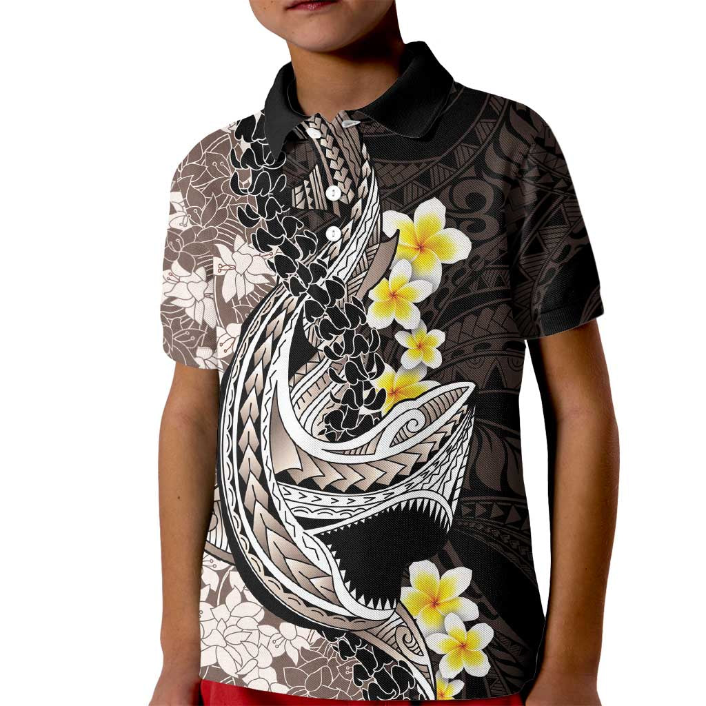 Brown and Black Hawaii Shark Tattoo Kid Polo Shirt Puakenikeni Lei Plumeria Polynesian Pattern - Polynesian Pride