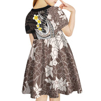 Brown and Black Hawaii Shark Tattoo Kid Short Sleeve Dress Puakenikeni Lei Plumeria Polynesian Pattern - Polynesian Pride