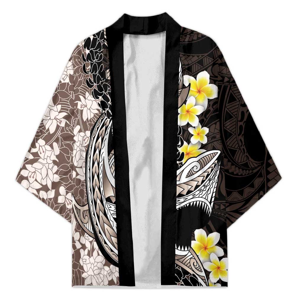 Brown and Black Hawaii Shark Tattoo Kimono Puakenikeni Lei Plumeria Polynesian Pattern - Polynesian Pride
