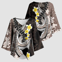 Brown and Black Hawaii Shark Tattoo Kimono Sleeve Blouse Puakenikeni Lei Plumeria Polynesian Pattern - Polynesian Pride