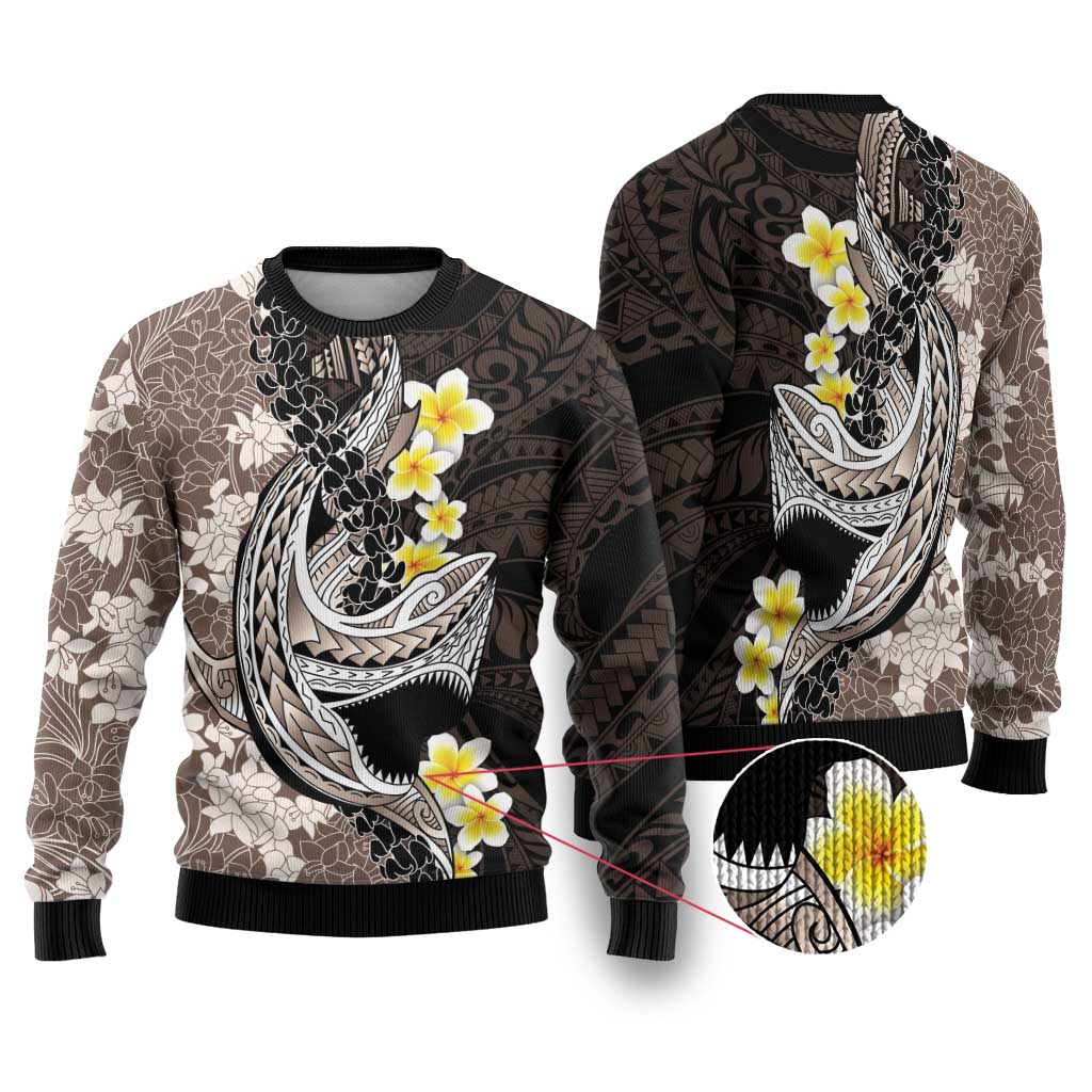 Brown and Black Hawaii Shark Tattoo Ugly Christmas Sweater Puakenikeni Lei Plumeria Polynesian Pattern - Polynesian Pride