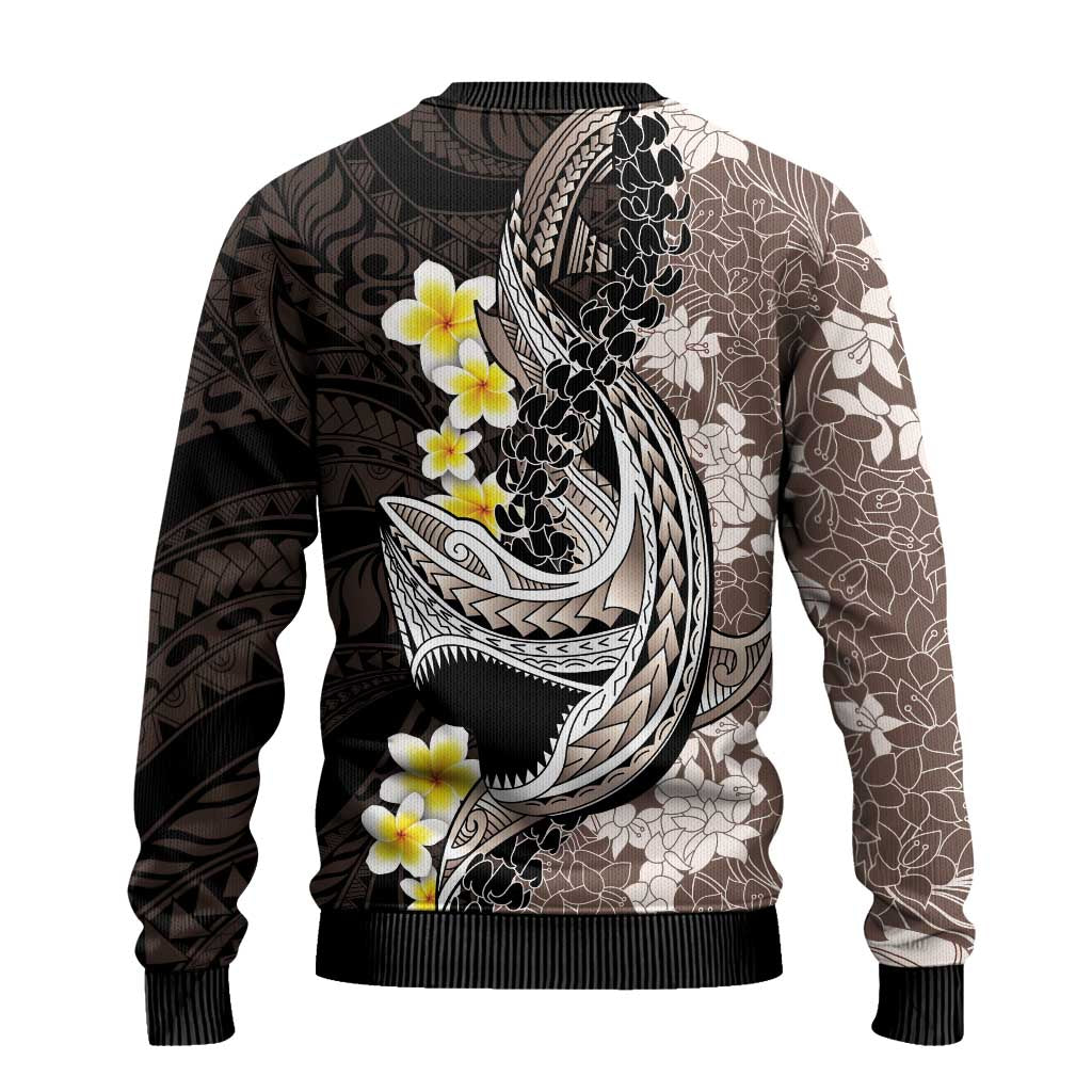 Brown and Black Hawaii Shark Tattoo Ugly Christmas Sweater Puakenikeni Lei Plumeria Polynesian Pattern - Polynesian Pride