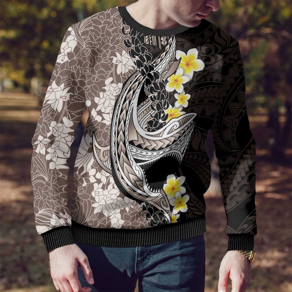 Brown and Black Hawaii Shark Tattoo Ugly Christmas Sweater Puakenikeni Lei Plumeria Polynesian Pattern - Polynesian Pride