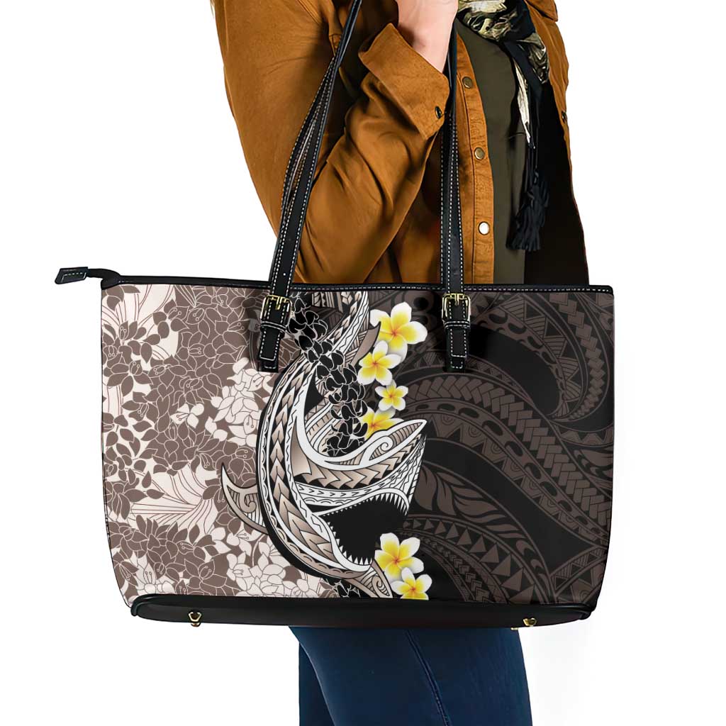 Brown and Black Hawaii Shark Tattoo Leather Tote Bag Puakenikeni Lei Plumeria Polynesian Pattern - Polynesian Pride