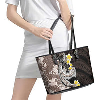 Brown and Black Hawaii Shark Tattoo Leather Tote Bag Puakenikeni Lei Plumeria Polynesian Pattern - Polynesian Pride