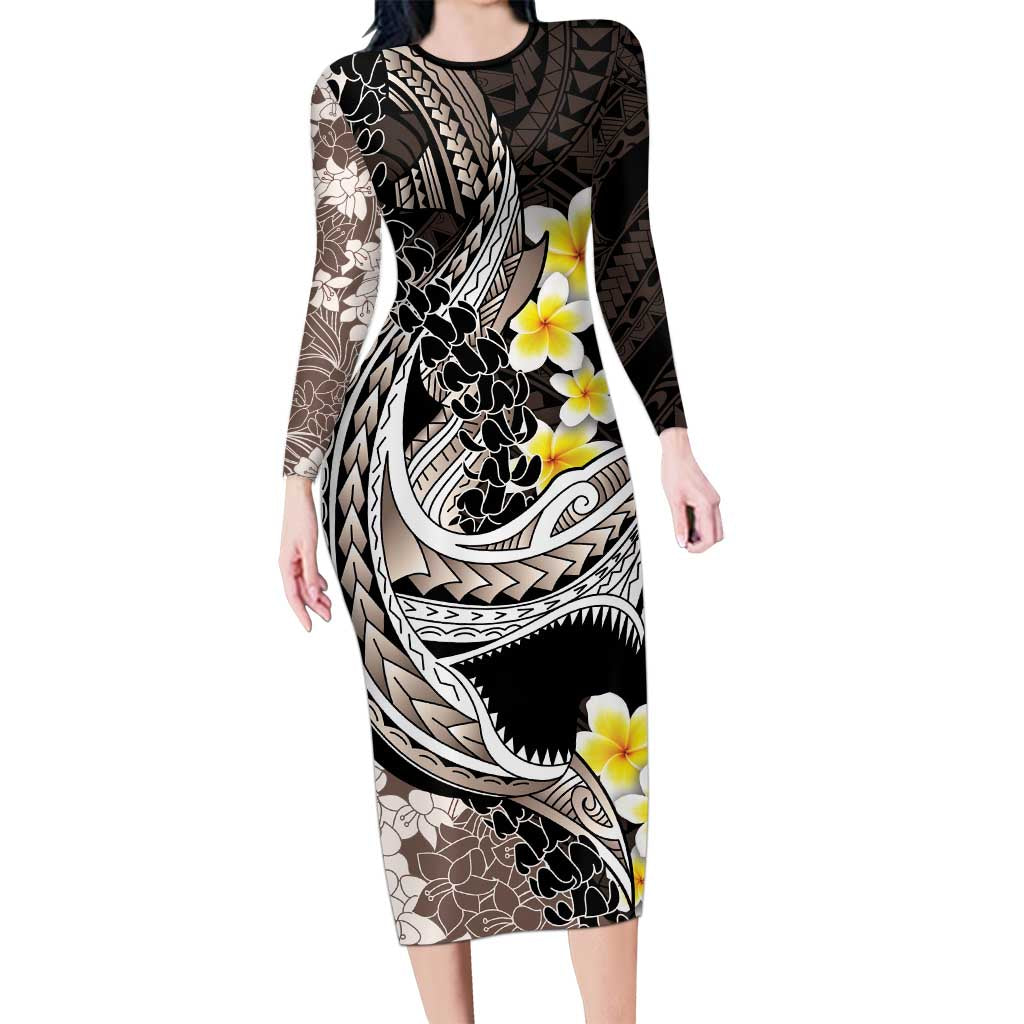 Brown and Black Hawaii Shark Tattoo Long Sleeve Bodycon Dress Puakenikeni Lei Plumeria Polynesian Pattern - Polynesian Pride