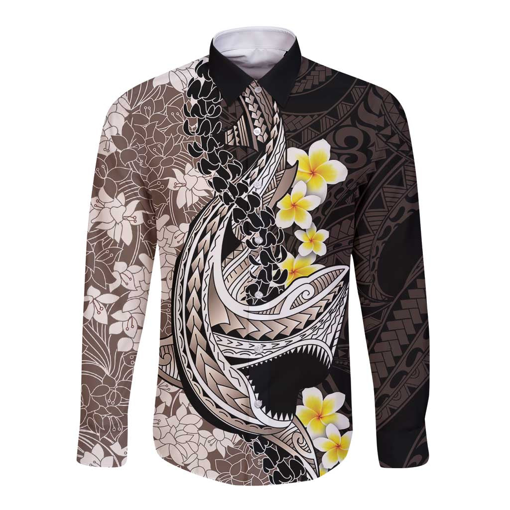 Brown and Black Hawaii Shark Tattoo Long Sleeve Button Shirt Puakenikeni Lei Plumeria Polynesian Pattern LT14 Unisex Black - Polynesian Pride