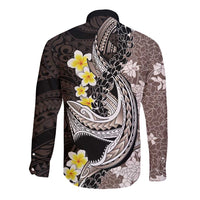 Brown and Black Hawaii Shark Tattoo Long Sleeve Button Shirt Puakenikeni Lei Plumeria Polynesian Pattern LT14 - Polynesian Pride
