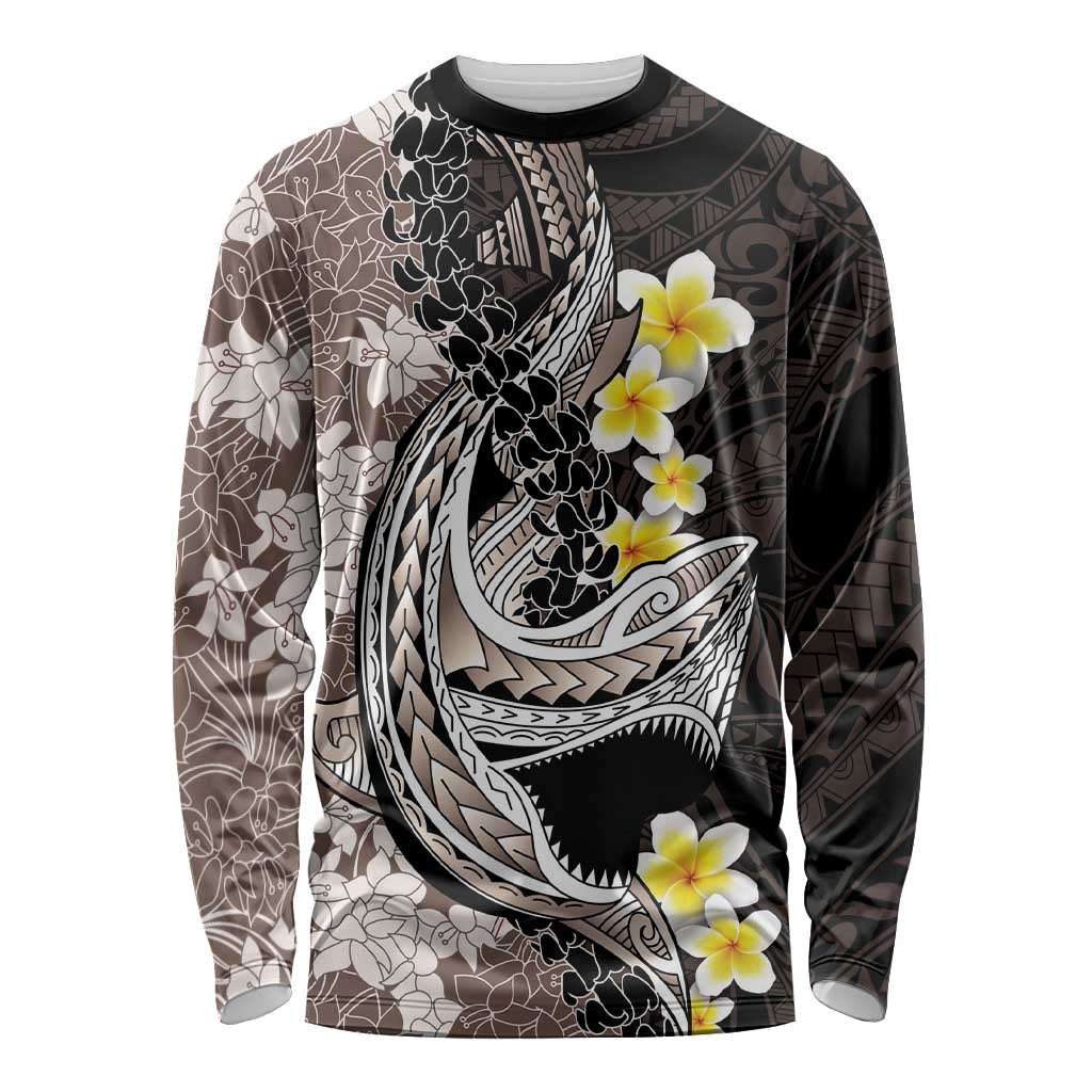 Brown and Black Hawaii Shark Tattoo Long Sleeve Shirt Puakenikeni Lei Plumeria Polynesian Pattern LT14 Unisex Black - Polynesian Pride