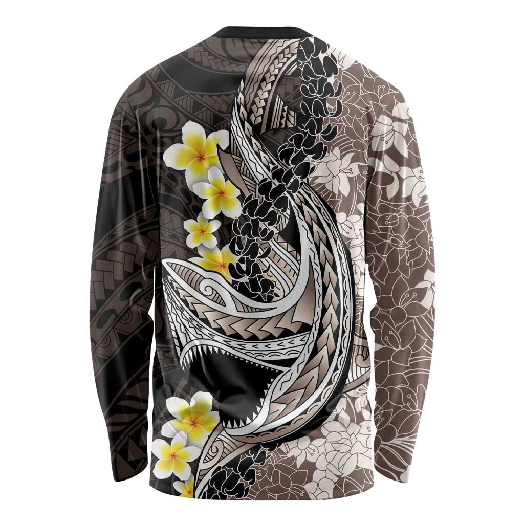 Brown and Black Hawaii Shark Tattoo Long Sleeve Shirt Puakenikeni Lei Plumeria Polynesian Pattern LT14 - Polynesian Pride